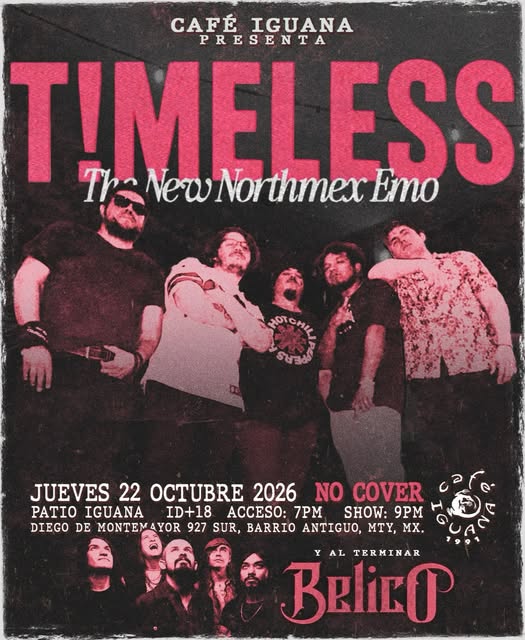 Flyer de Jueves 22 de Octubre en @cafeiguana @time.lessband en el Patio