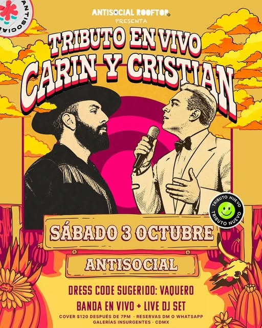 Flyer de Este sábado 3 de octubre estrenamos tributo en vivo a Carín León + Cristian Castro