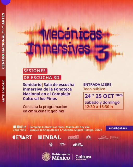 Flyer de Les esperamos este sábado 24 y domingo 25 de octubre en el Sonidario de la Fonoteca Nacional en el @cc_lospinos . Entrada libre, cupo limitado a 40 personas por función