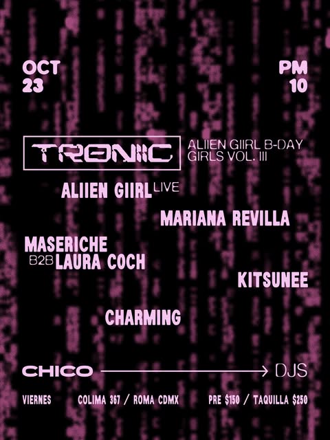Flyer de Este viernes @troniic.mx aterriza en CHICO con ALIIEN GIIRL B-DAY: GIRLS VOL. III