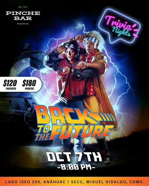Flyer de Este 07 de octubre nos vamos de viaje a 1985 para una nueva Trivia Night en Pinche Bar